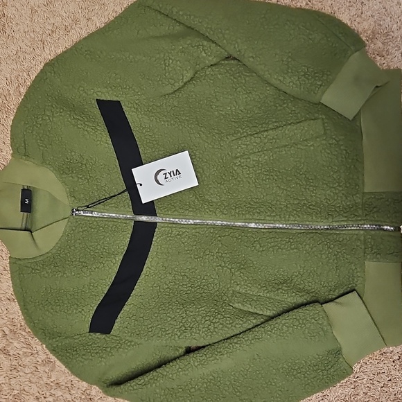 Zyia Active Olive Flying V Fleece Sherpa Full Zip Bomber Jacket - Picture 3 of 5